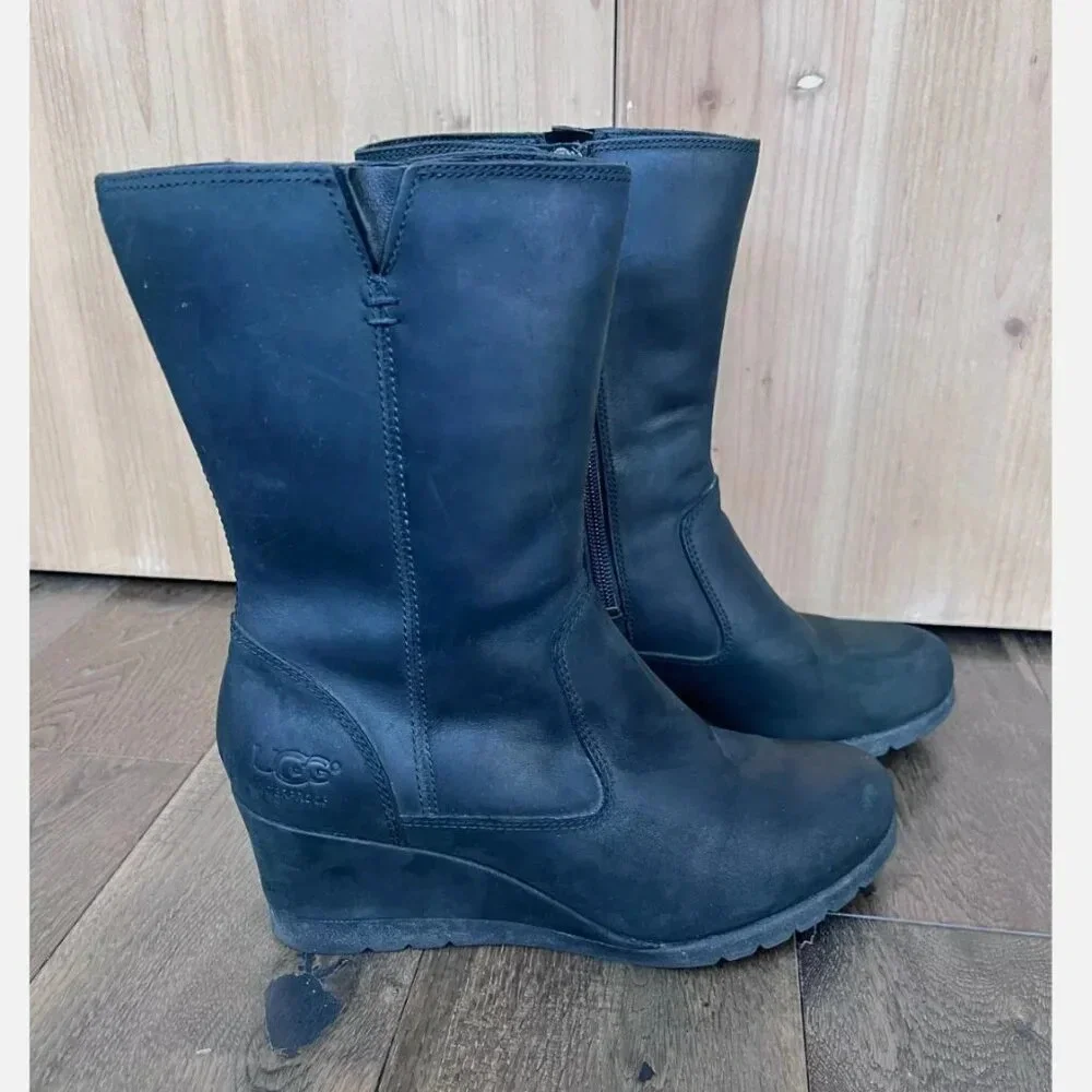 Ugg Australia Joely Leather Wedge Boot Size 6/37 Black Waterproof Shearling